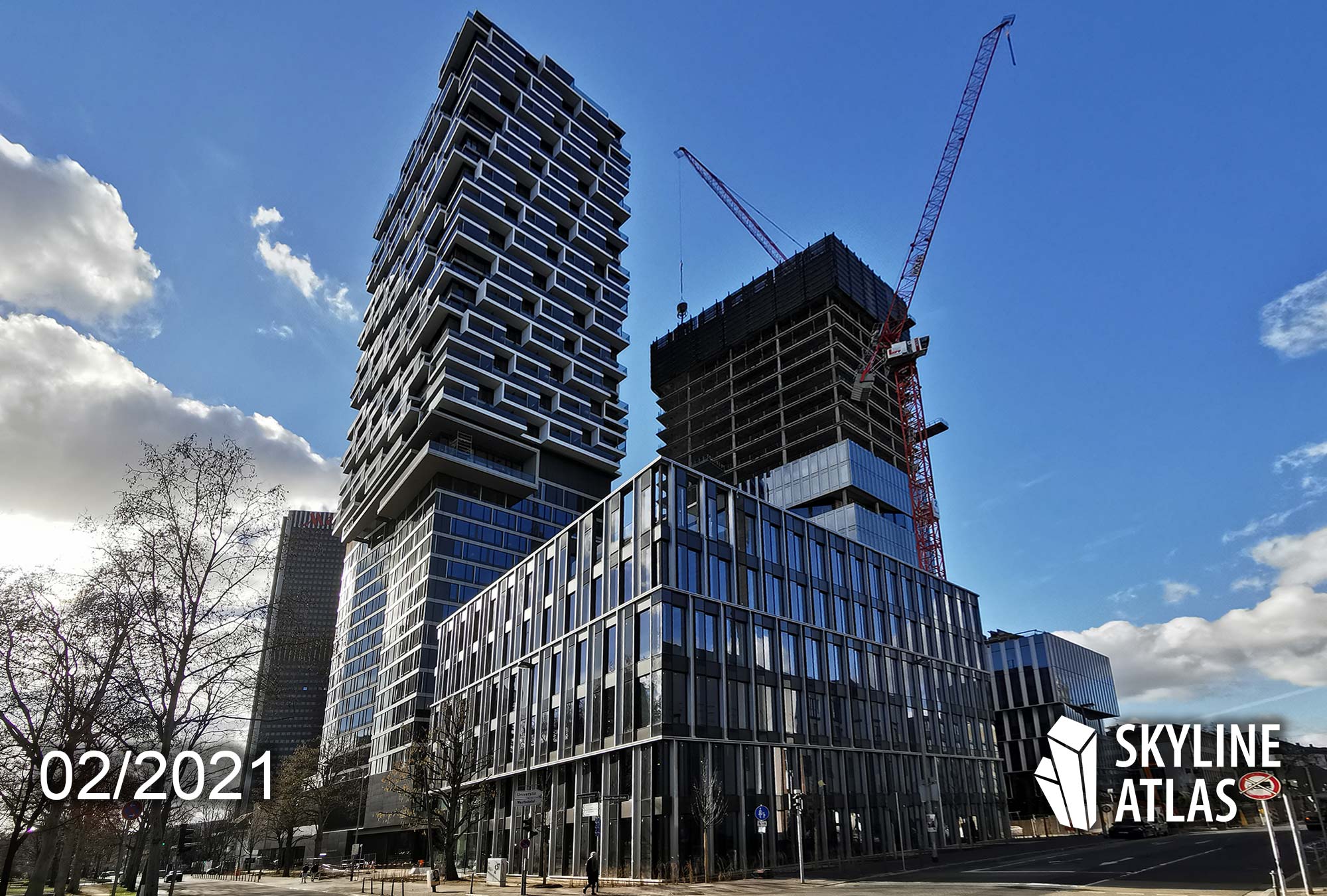 Senckenberg Quartier im Februar 2021 - ONE FORTY WEST (links hinten) - 21 West (Mitte) - Senckenberg Turm (rechts hinten)