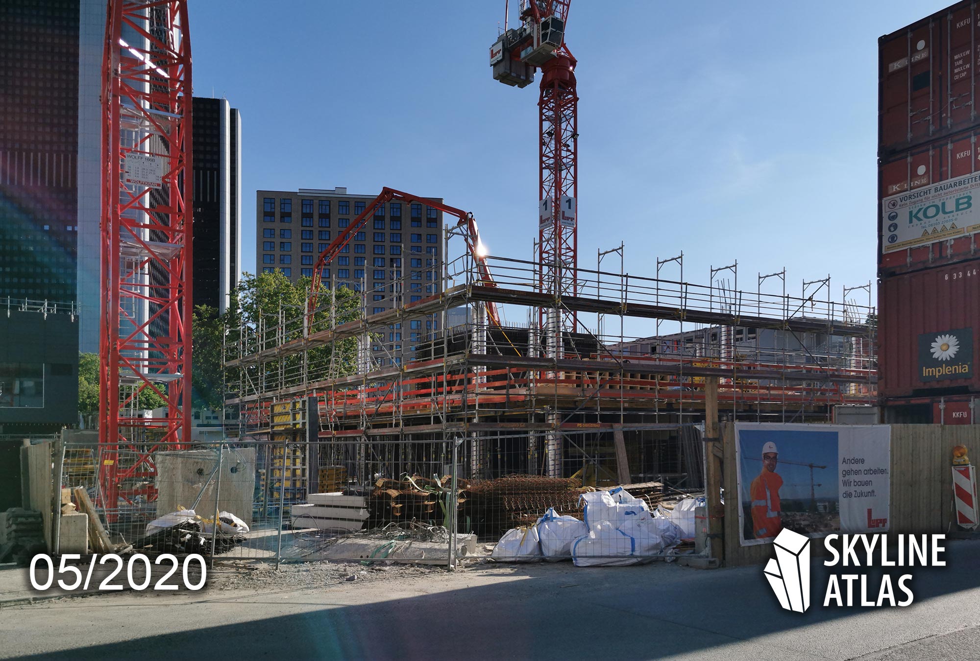 Ninty Nine West Tower der BNP Paribas Real Estate - Büroturm Frankfurt von cyrus moser architekten (cma) - Senckenberg-Quartier im Mai 2020 - Baustelle - Baufortschritt