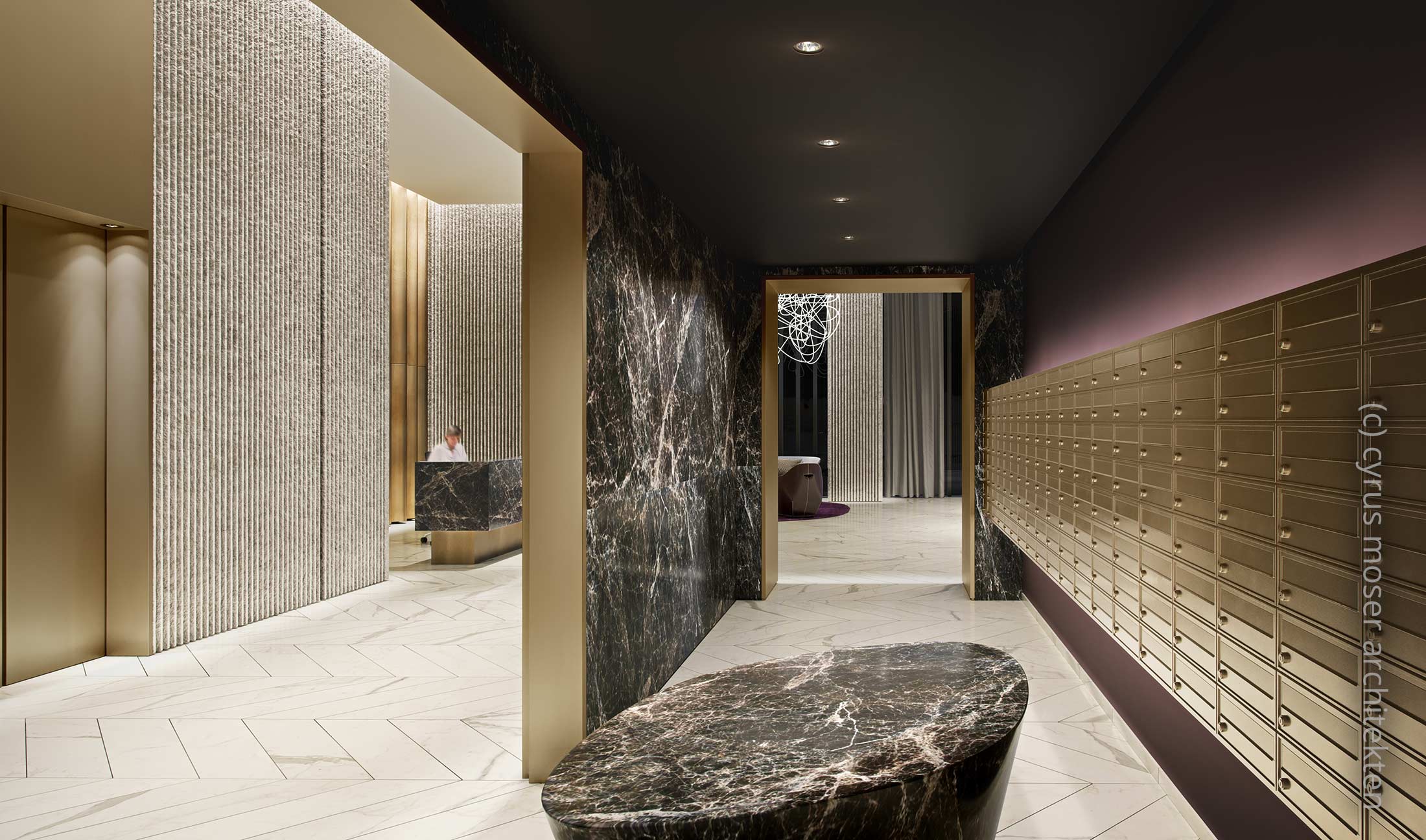 ONE FORTY WEST - Neuer Wolkenkratzer Frankfurt - Lobby - Eingangsbereich - Animation Wohnhochhaus