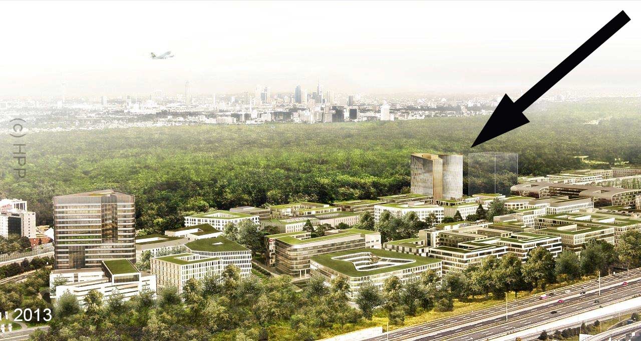 Gateway Gardens Entwicklungsgebiet nahe dem Frankfurter Flughafen mit Planungsstand aus dem Jahr 2013 - darin ist auch eine Studie für das neue Hochhaus enthalten