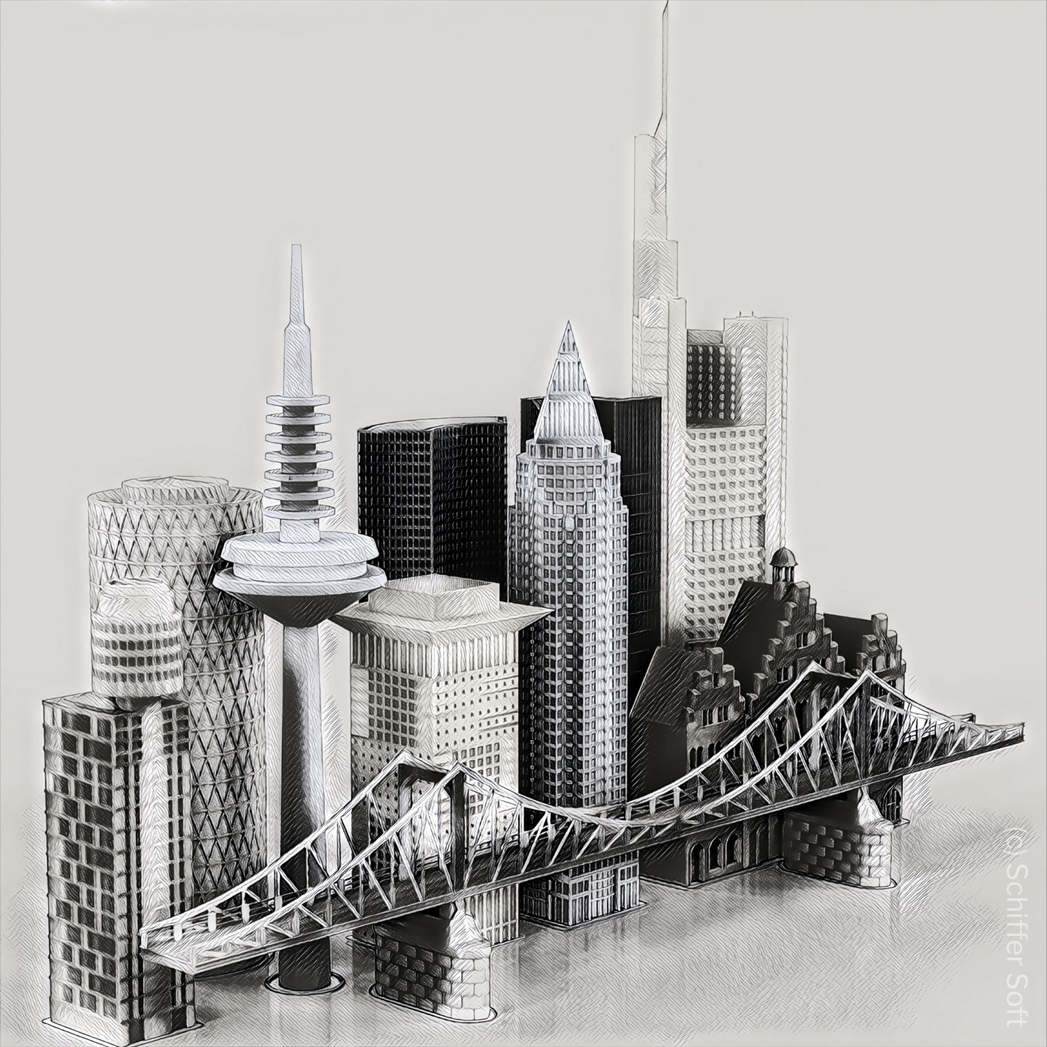 Hochhäuser Frankfurt 3D - Ansicht der Frankfurter Skyline - Collage von Schiffer Soft