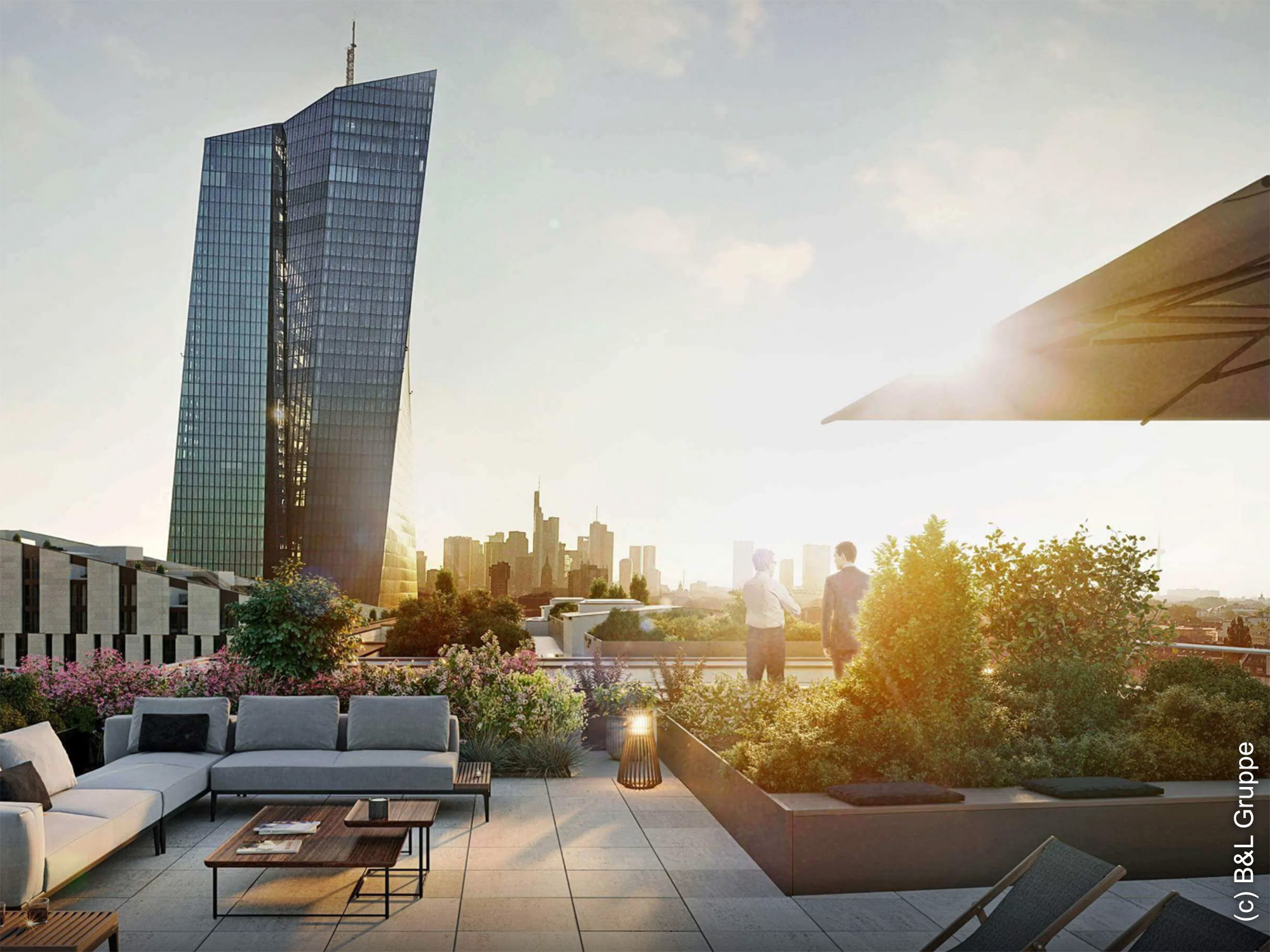hqp-dachterrasse-east-side-visualisierung Hafenpark-quartier-frankfurt-ostend-dachterrasse-ezb-skyline