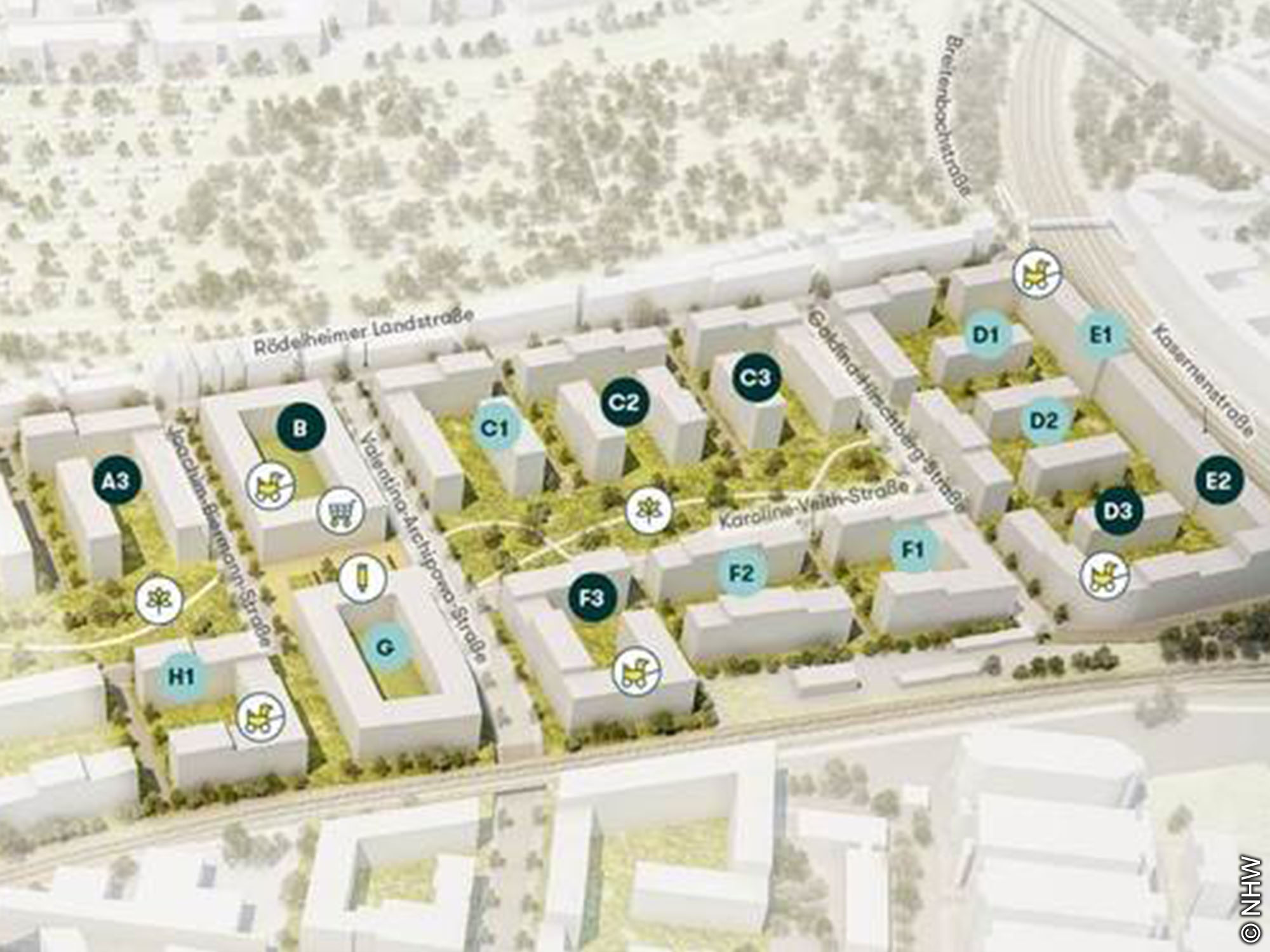 Schönhof-Viertel - Lageplan Gebäudeplanung des Schönhof-Viertels der NHW