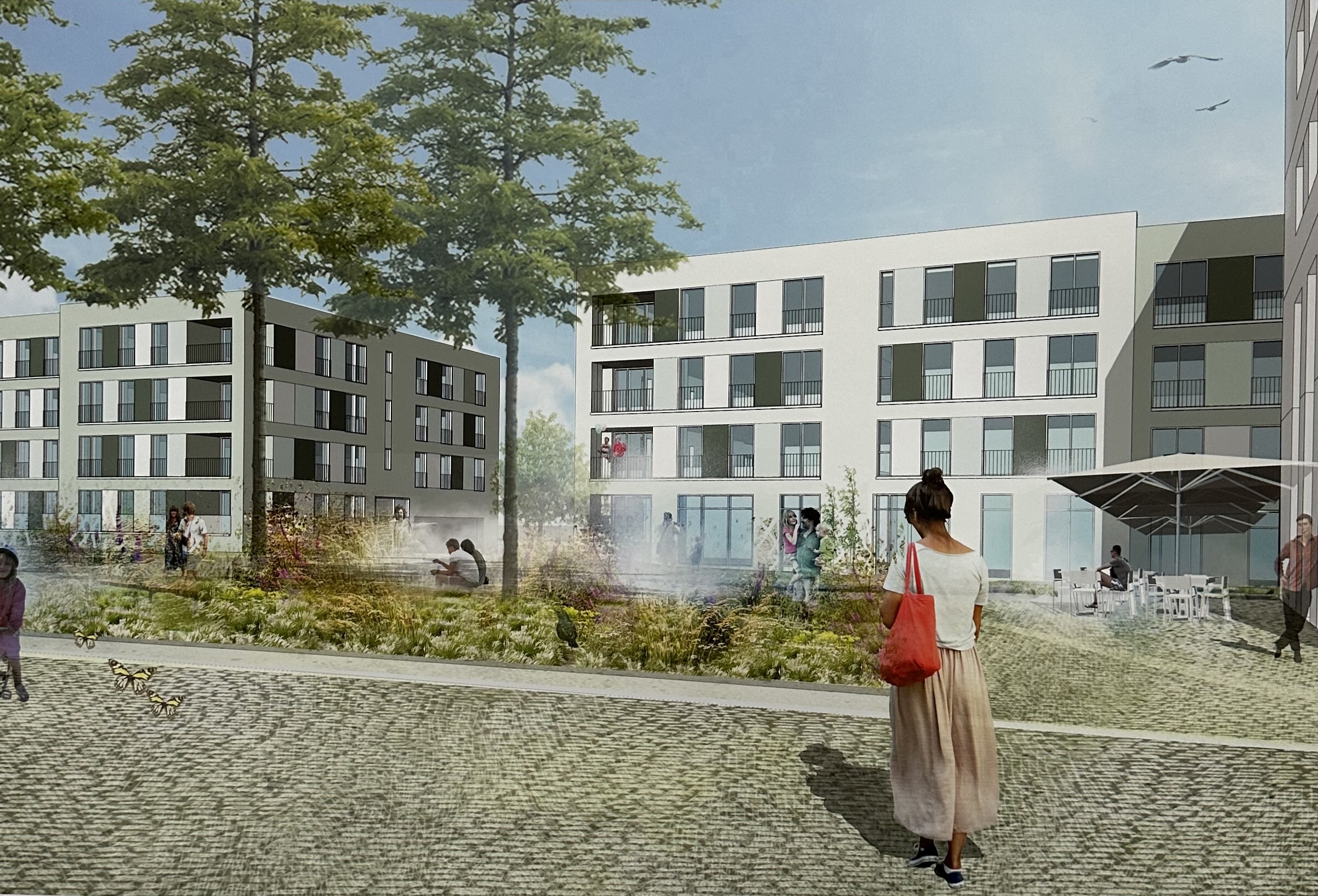 Visualisierung der Hochbauten und Platzgestaltung am Quartiers-/Kornblumenplatz es 1. Preisträgers Entwurf: pbr Planungsbüro Rohling AG, Frankfurt am Main/pbr freiraum GmbH Hannover, ABG FRANKFURT HOLDING