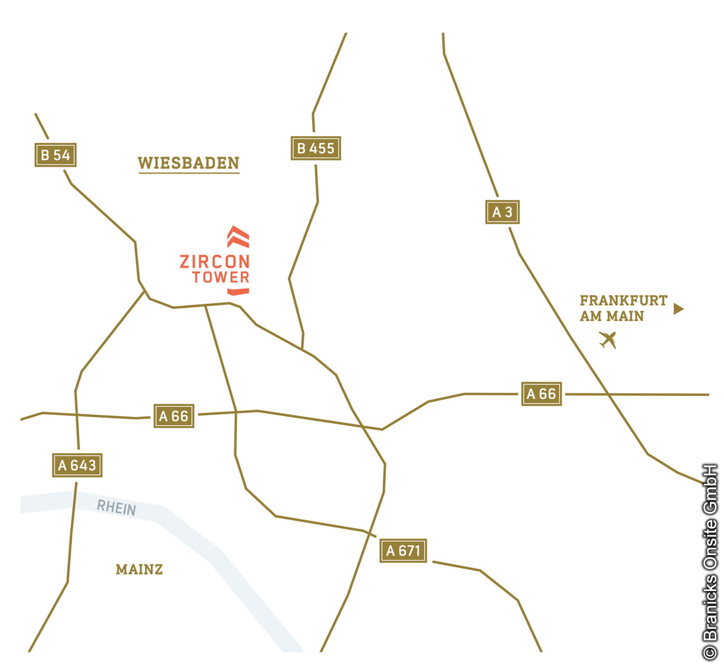 Karte der Autobahnanschlüsse des Zircon Tower - Branicks Branicks - Zircon Tower - Wiesbaden - Bürohochaus - Anschlusskarte - Autobahnen
