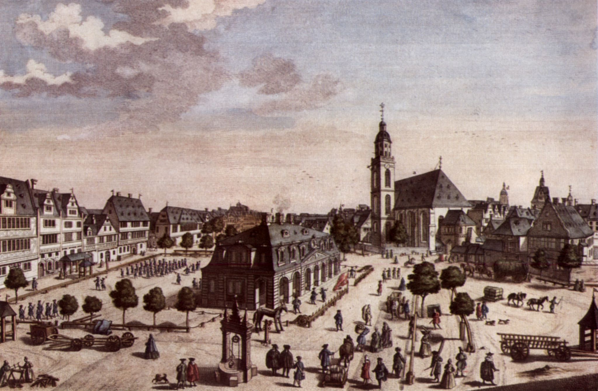 Hauptwache-1738 Georg Daniel Haumann nach einer Zeichnung von Salomon Kleiner; Frankfurt Historische Museum; Hauptwache mit Blick in die Zeil von Südwesten 1738