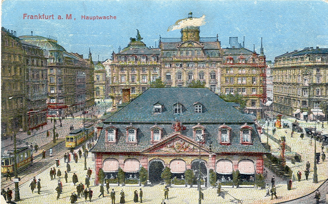 Hauptwache-1918 Postkarte, datiert 3.5.1918. Titel: "Frankfurt a.M. - Hauptwache"