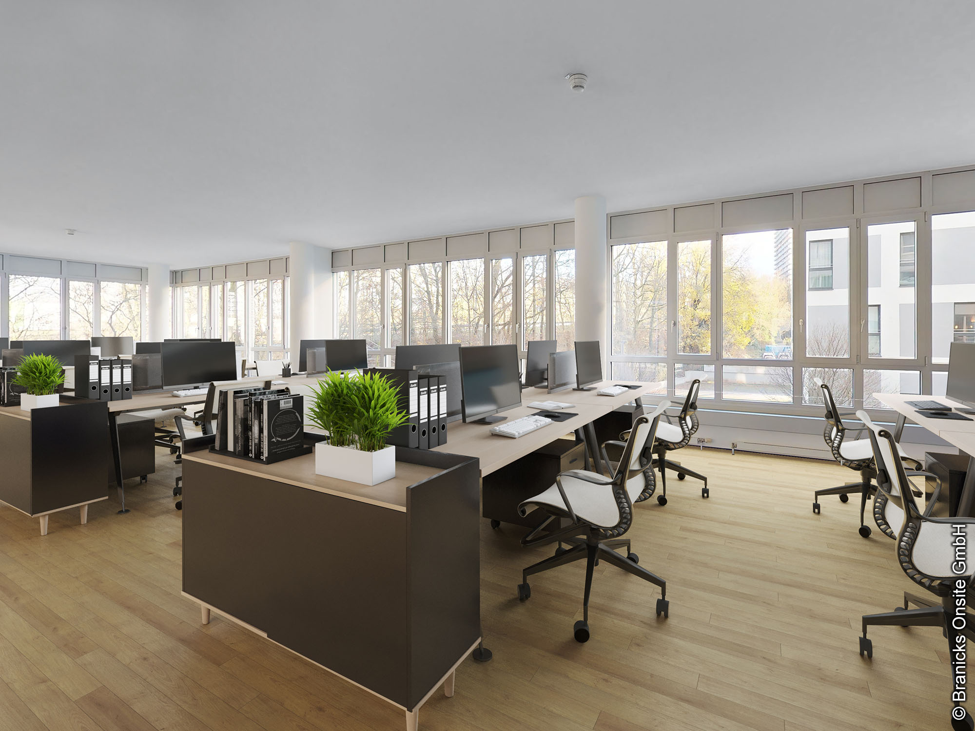 Konzeptbild eines Open Space Büroraums in der Mergenthalerallee 15-21 - Branicks Open Space Büros - Meeting- und Büroräume - Frankfurt - Eschborn - Mergenthaleralle 15-21 - Modernes Equipment - Entspannte Arbeitsatmosphäre